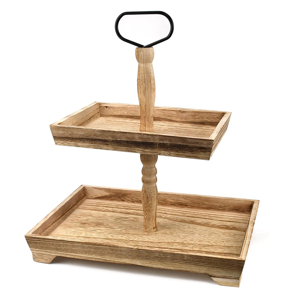Plateau de service en bois à 2 niveaux pour fêtes, mariage, fruits, 2 étages, plateau rustique à 2 étages avec manche en métal