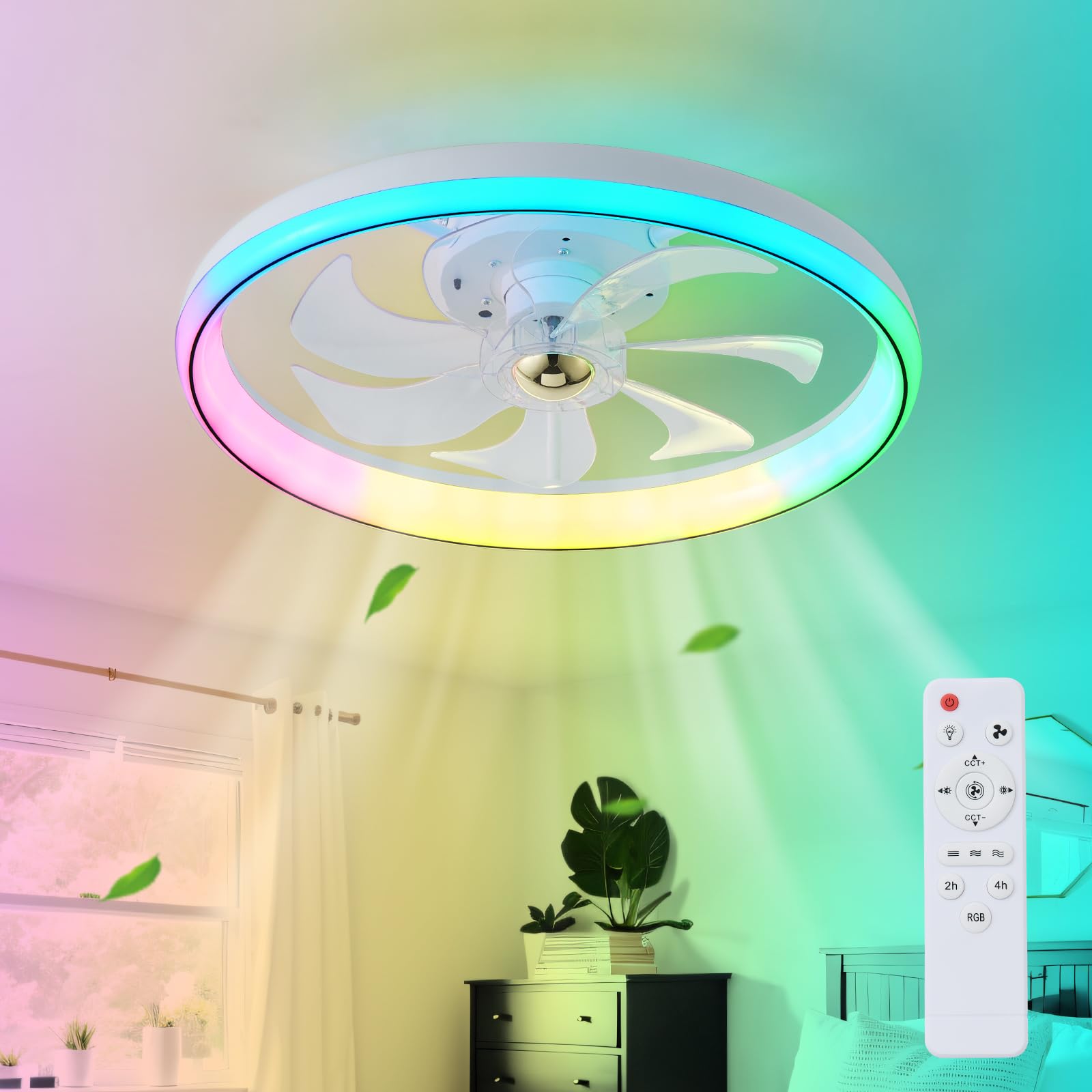 LMiSQ RGB Ceiling Fan LED Ceiling Fans with Lights and Remote,Dimmable Bladeless Ceiling Fans with Lamps Timing 3 Speeds Modern Fan Lights Ceiling for Bedroom Living Room (RGB)