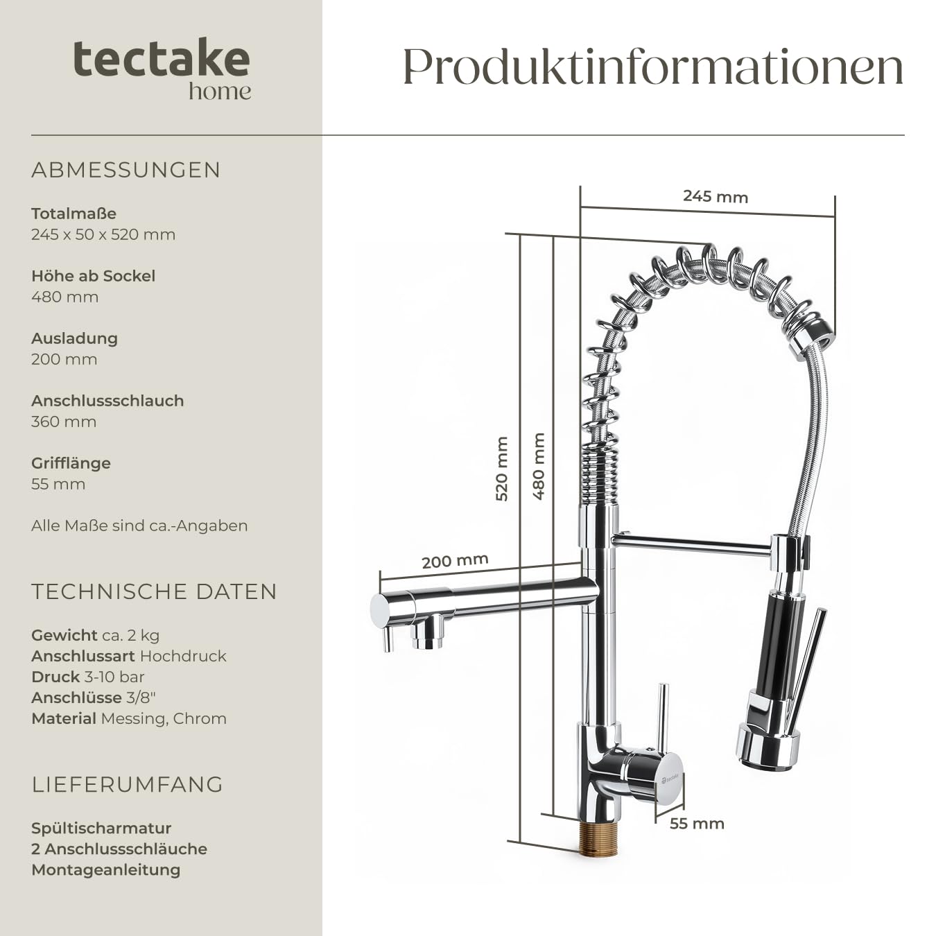 tectake® Küchenarmatur, Mischbatterie Spültischarmatur, Waschtischarmatur, Küchenarmaturen für Spüle, Spülbecken, Küchenspüle, Wasserhahn Küche ausziehbar mit Schlauch, Küche Wasserhahn