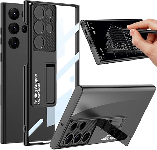 Miimall Funda delgada para Samsung Galaxy S24 Ultra con soporte, protector completo elevado de cámara de policarbonato duro, transparente,