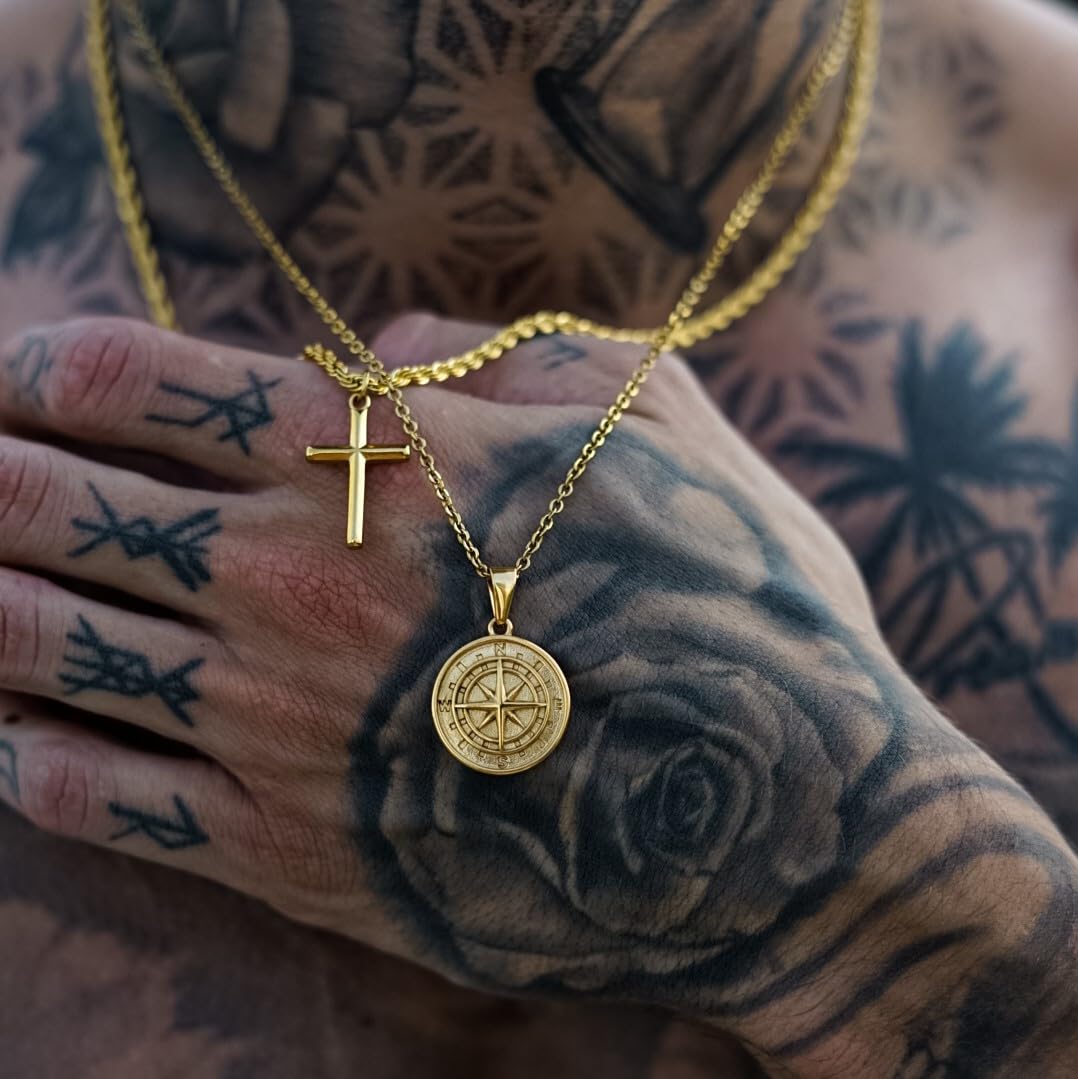 DVRK® Set 2 Collane Uomo Oro 18k con Base in Acciaio Inossidabile 316L - Catena Bussola e Collana Umo Oro Croce Resistente all'Acqua - Rosario, Catenina, Gioelli, Regalo