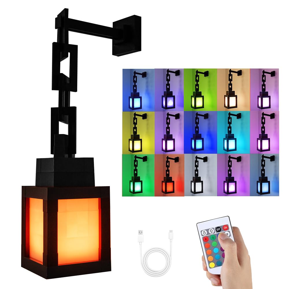 KBIBCK Pixelated Lantern Nachtlicht, 16-farbiges Tragbare Wall Nachtlicht mit Kette, USB-aufladbare Tisch- und Wandlampe, Nachttischlampe Kinder 3D, für Schlafzimmer Camping Geschenk für Gamer