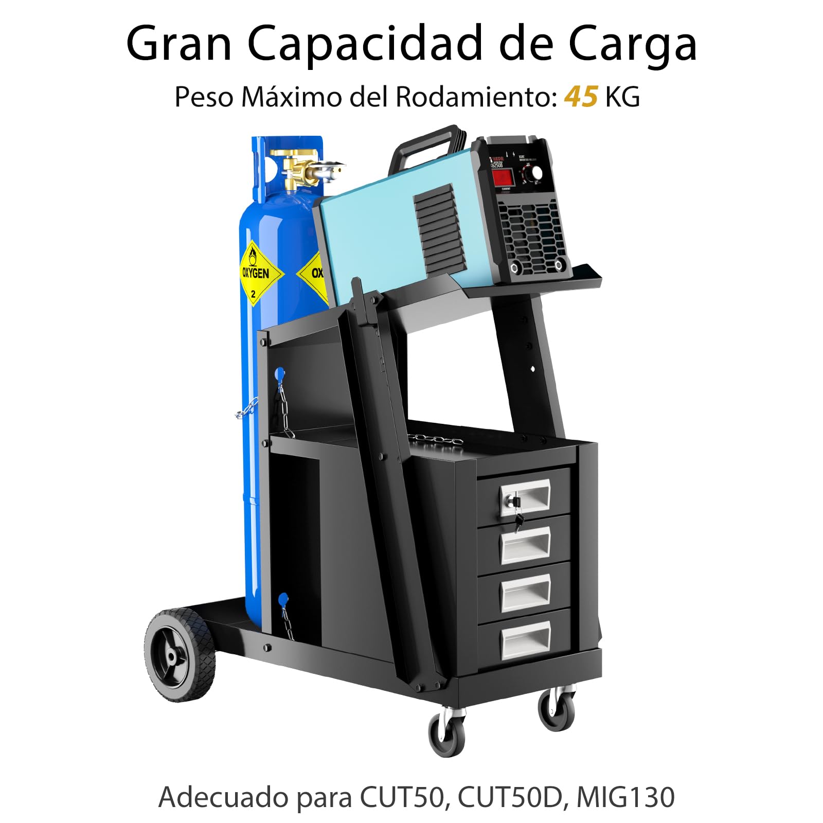 GYMAX Carro de Soldadura Rodante con 4 Cajones, Carga 45 kg, Carro de Herramientas con Almacenamiento y Cadena de Seguridad, para Soldadores y Cortadores de Plasma para Garaje, Taller
