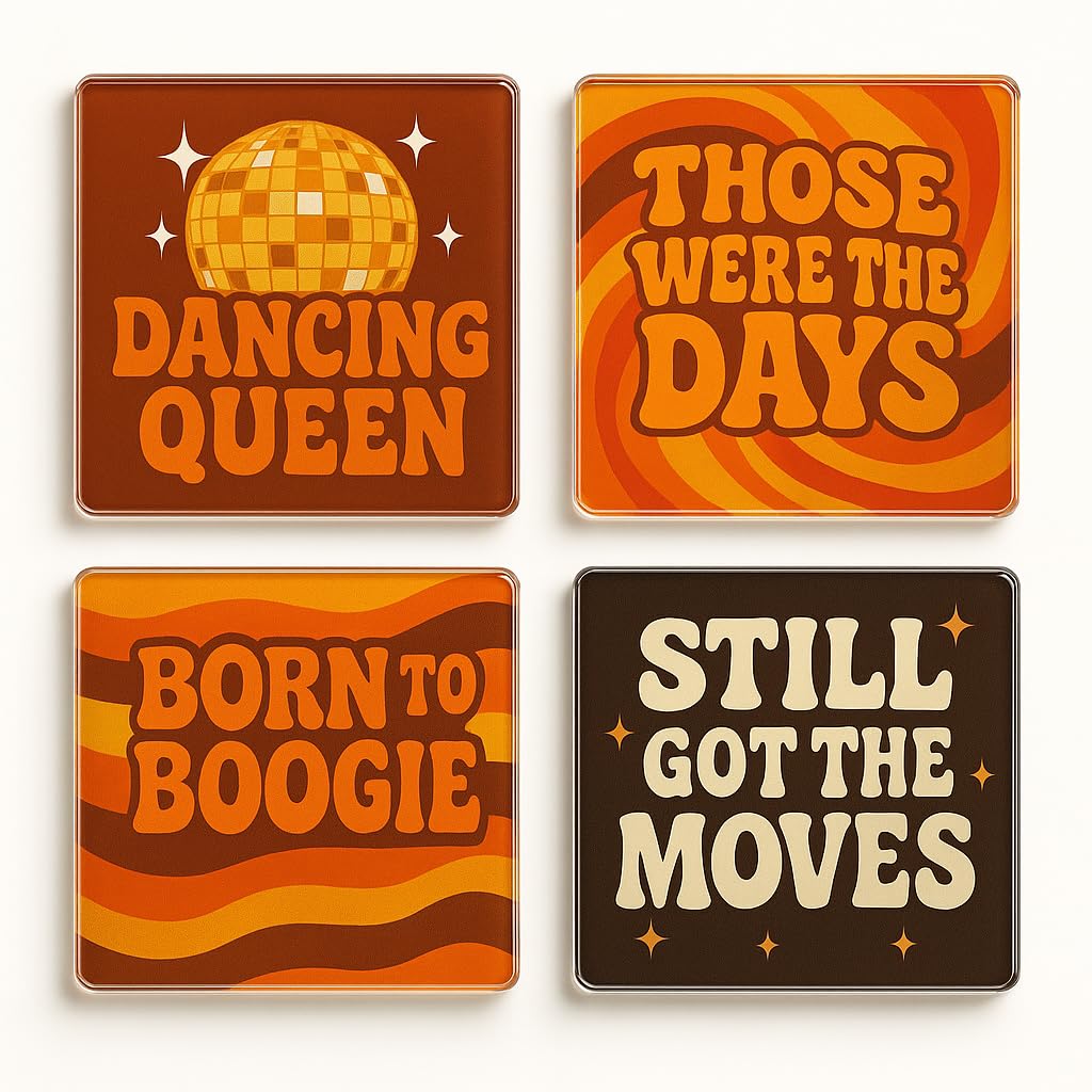 The Plum Penguin Retro Groove Vibes Acrylic Coaster Gift Set Of 4 With Retro Vinyl 70S Design - Nostalgic Music Vibes For Grandma Birthday Or Christmas