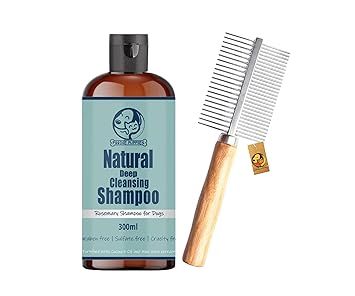 Foodie Puppies Grooming Comb and Dog Shampoo Combo for All Dogs & Puppies - Rosemary Shampoo - 300ml | Made with Coconut Oil and Aloe-Vera Extract | Stainless Steel Teeth Wood Handle, Pet Comb for R