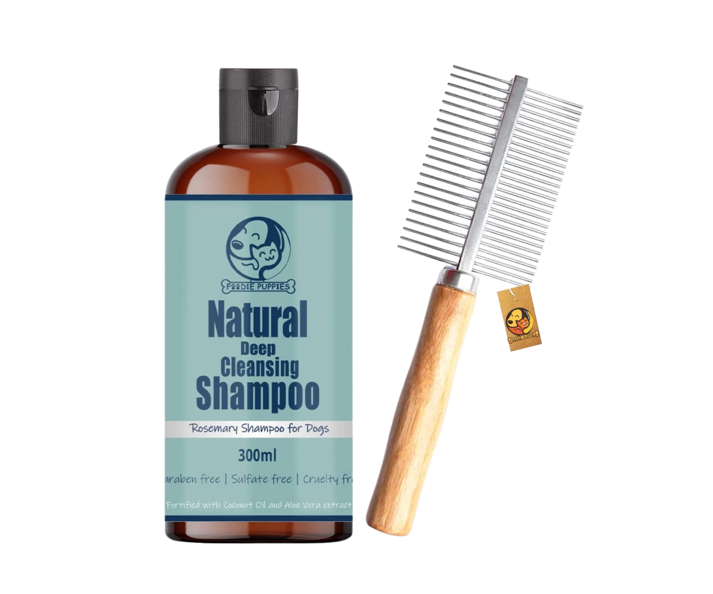 Foodie Puppies Grooming Comb and Dog Shampoo Combo for All Dogs & Puppies - Rosemary Shampoo - 300ml | Made with Coconut Oil and Aloe-Vera Extract | Stainless Steel Teeth Wood Handle, Pet Comb for Removing Tangles and Knots (B0B7JTBB1S) Amazon Price History, Amazon Price Tracker
