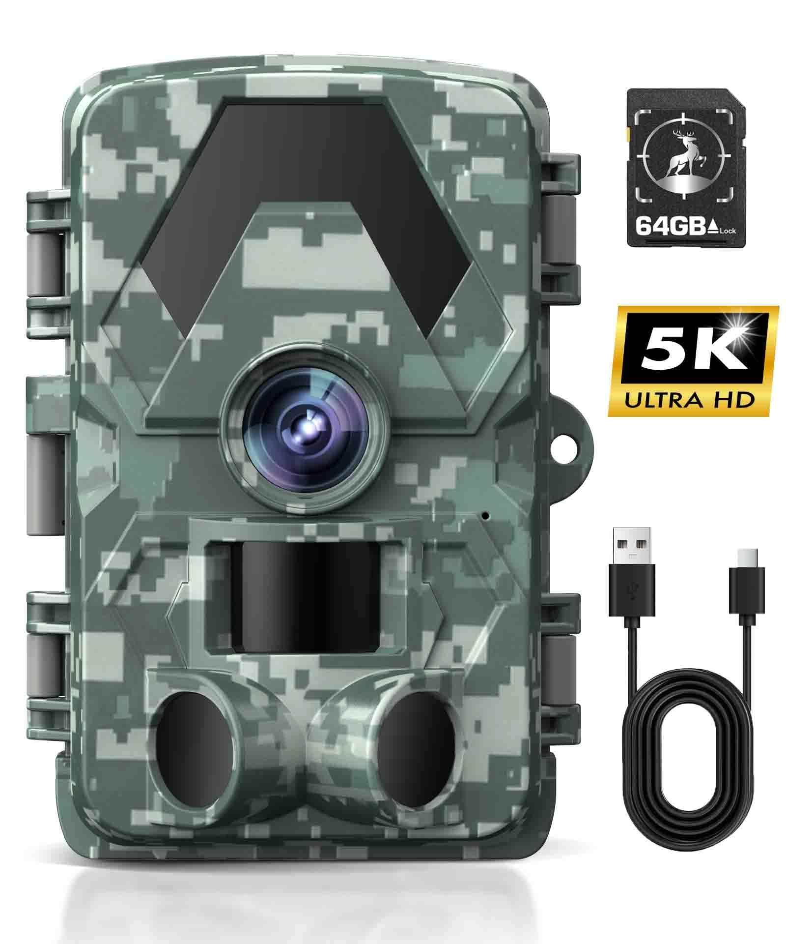 Trail Camera, 5K 60MP Game Camera 130 Wide-Angle,Lightning-Fast Motion Detection with Night Vision 0.05s Trigger Motion Activated, Green