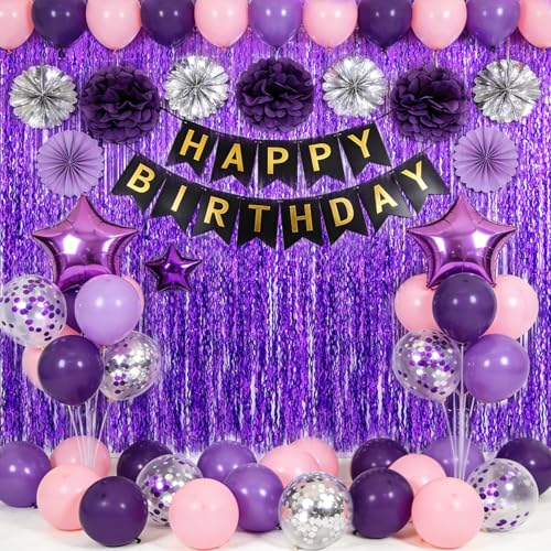 Image of TONIFUL 2Pcs Wavy Purple Door Streamers,Black and Pink Photo Booth Backdrop Metallic Streamers Foil Fringe Curtain for Birthday,New Year,Graduation,Grad,Baby Shower Party Streamers Decoration