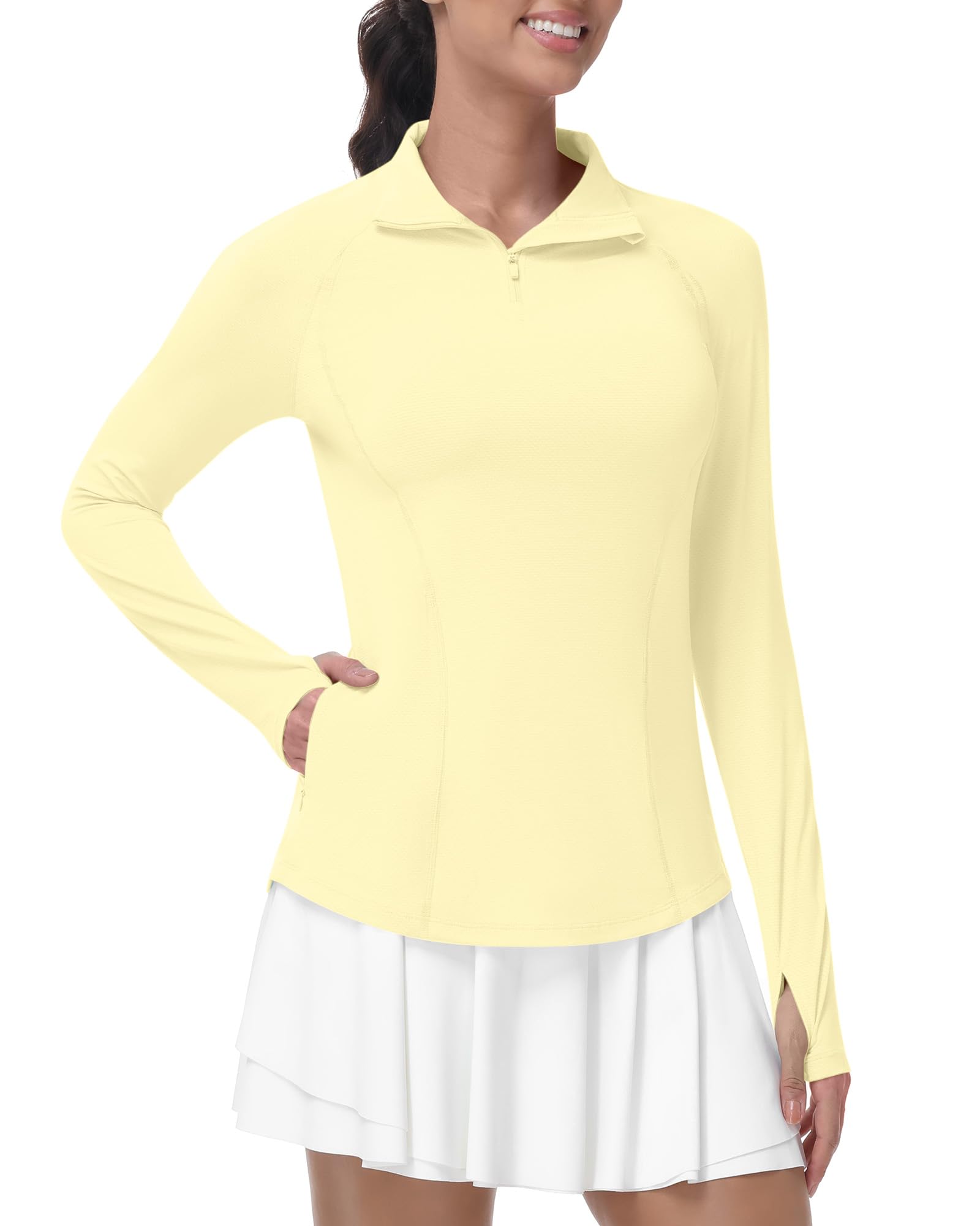 Runhit UV Shirt Damen Langarm UPF 50+ Sonnenschutz Sportshirt, Atmungsaktives Funktionsshirt mit 1/4 Reißverschluss Daumenloch & Taschen, Schnelltrocknendes Laufshirt für Gym Fitness Yoga & Outdoor