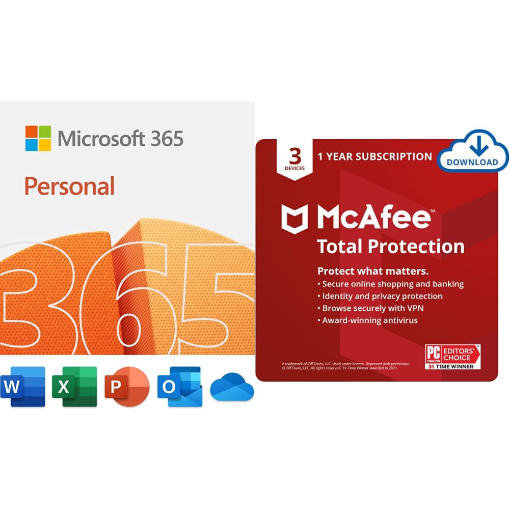 Microsoft 365 Personal | 1 Person | Premium Office Apps PLUS McAfee Total Protection 2022 | 3 Device