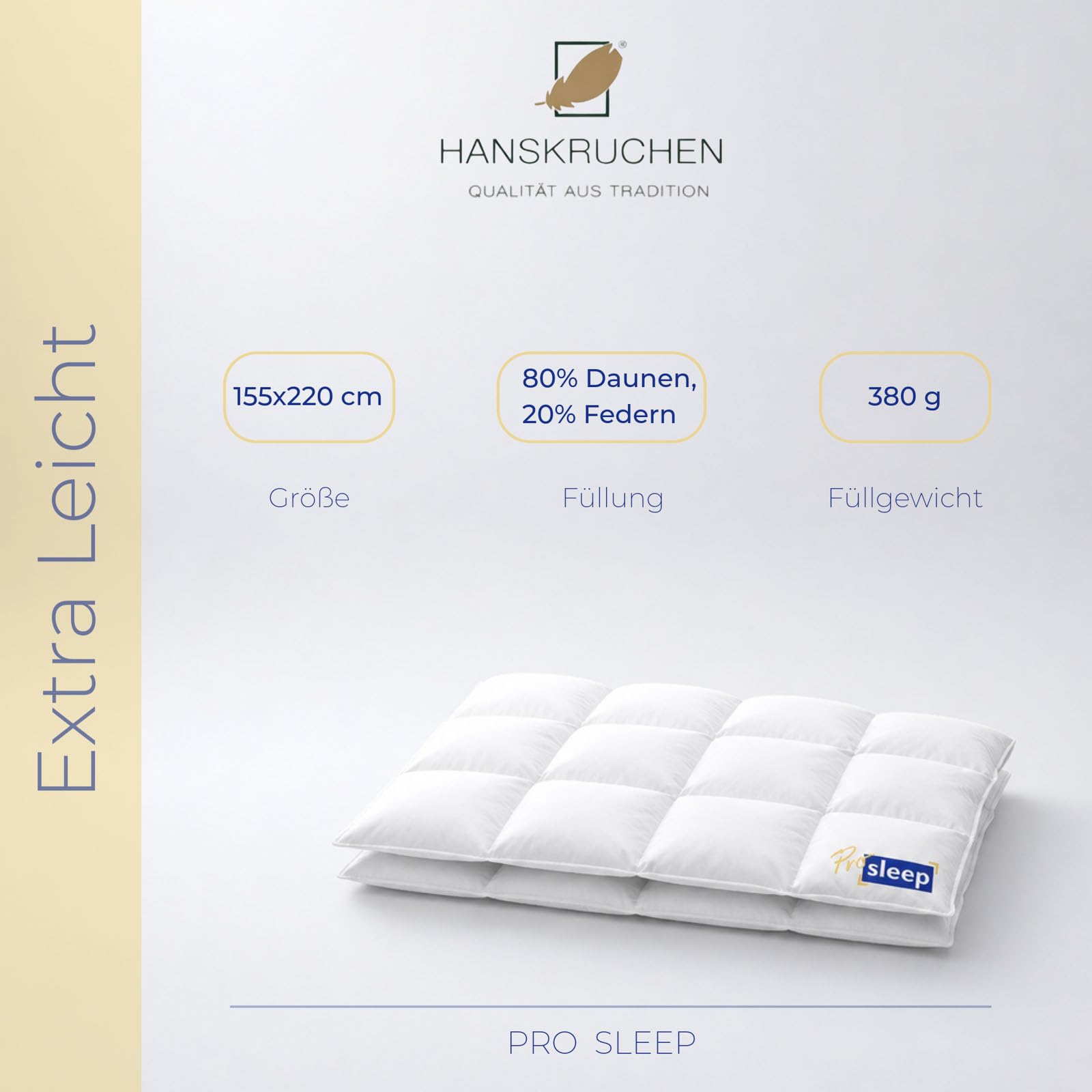 Pro Sleep Daunendecke 155x220 cm - Extra leicht / Sommer - Made in Germany Kassettendecke aus 100% Baumwolle - Allergiker geeignet