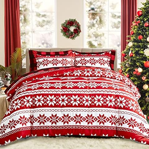 Joyreap 7 Piece Bed in a Bag Queen, Christmas Theme Red and White Snowflake Pattern, Microfiber Comforter Set for All Season- 1 Comforter, 2 Pillow Shams, 1 Flat Sheet, 1 Fitted Sheet, 2 Pillowcases Cover