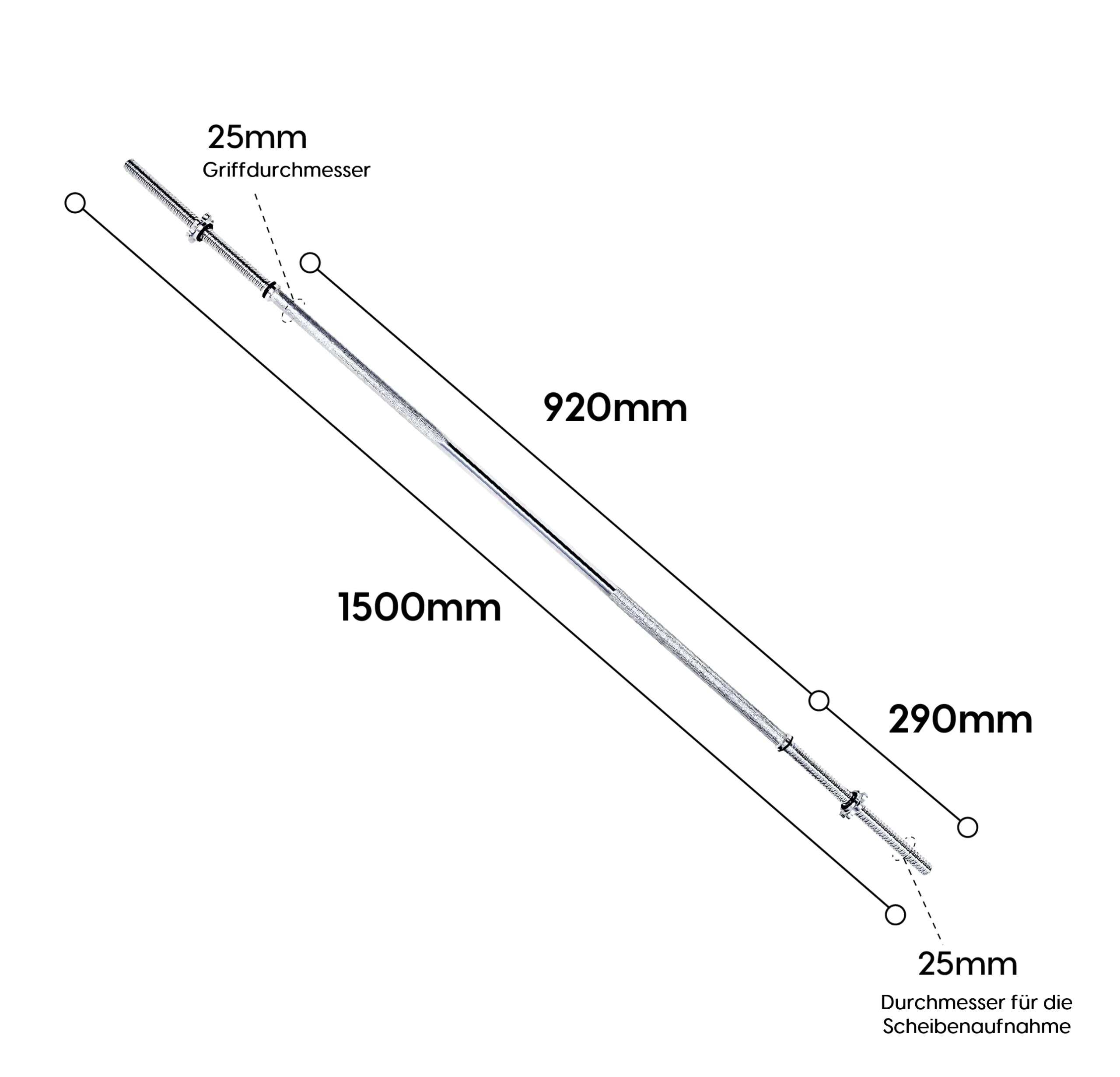 wuuhoo® Barre d'haltère Longue Henry – 180cm, 150cm ou 120cm Barre de Musculation, Ø25mm Standard, Acier chromé, Poignées moletées – capacité 70 kg - 90 kg