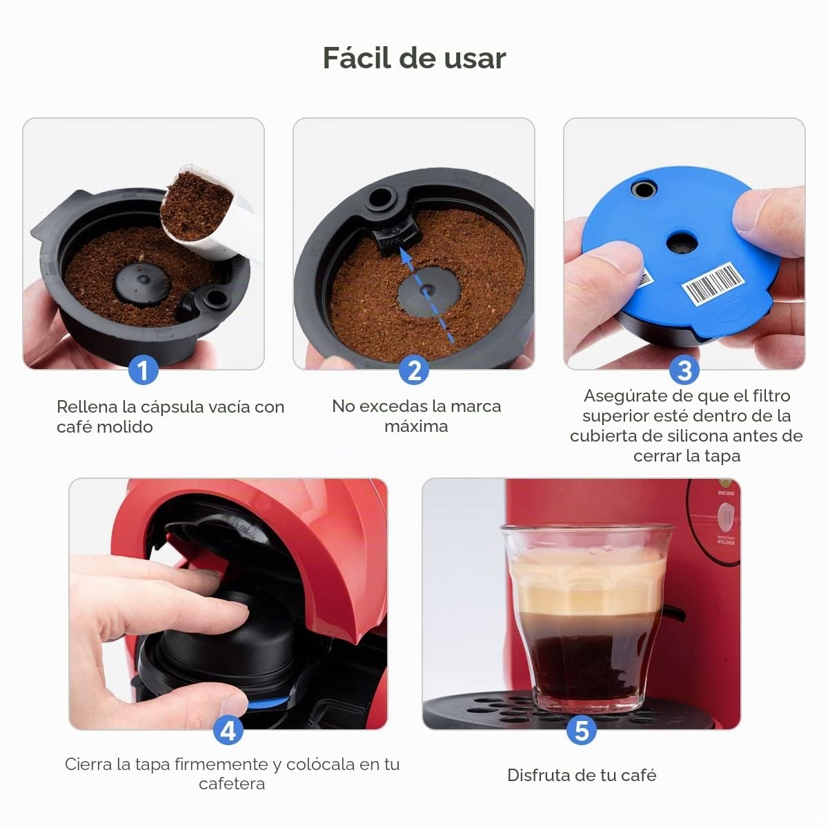 Tassimo - Cápsulas recargables de 60 + 180 ml + tapas de silicona adicionales de 200 + 220 ml, cápsulas de café reutilizables para máquina Tassimo, cápsulas Tassimo reutilizables con un prensador de
