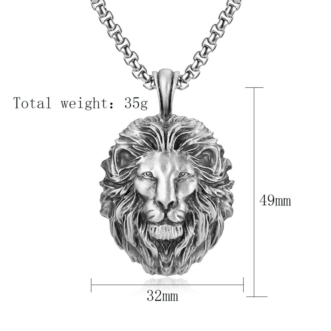 Herren Reines Zinn Löwenkopf Anhänger Wikinger Retro Löwenkopf Anhänger Halskette,Silber,60cm