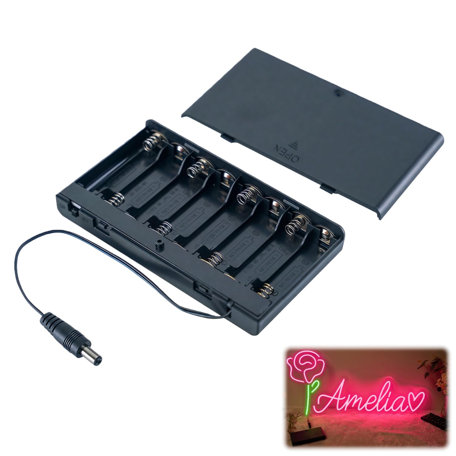 Photo 1 of 12V Battery Pack for Neon Signs - 8 AA Battery Holder with DC Connector - Outdoor Portable Power Supply Case - for LED Strips, Christmas Tree Light, Wreath, Birthday, Wedding, Party, Security Camera