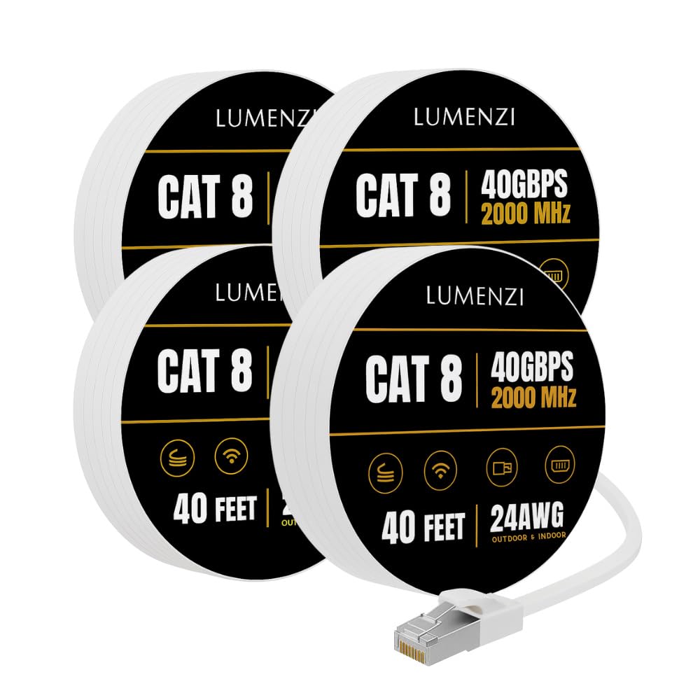 Cat8 flaches Ethernet-Kabel, 12,2 m, 4 Stück, 40 Gbit/s, 2000 MHz, Netzwerk-Patchkabel, S/FTP, geschirmtes LAN-Kabel mit RJ45-Steckern, für Gaming, Router, Modem, Laptop
