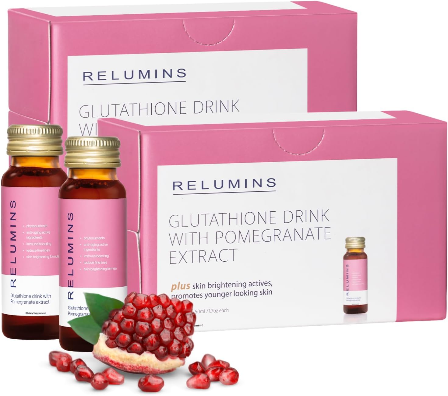 Relumins Beauty Glutathione Drink- Helps Reduce Visibility of Dark Spots, Brightens and Firms Skin, Boosts Skin Collagen Content, Increases Skin Moisture - Pomegranate Flavor Ten 50mL Drinks x 2 Packs