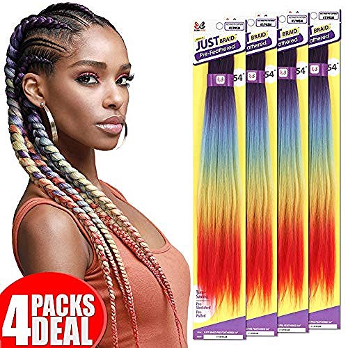 4 Pack Bundle of JUST BRAID Pre-Feathered Stretched Crochet Braiding Hair by Bobbi Boss Color 4T/PRSM