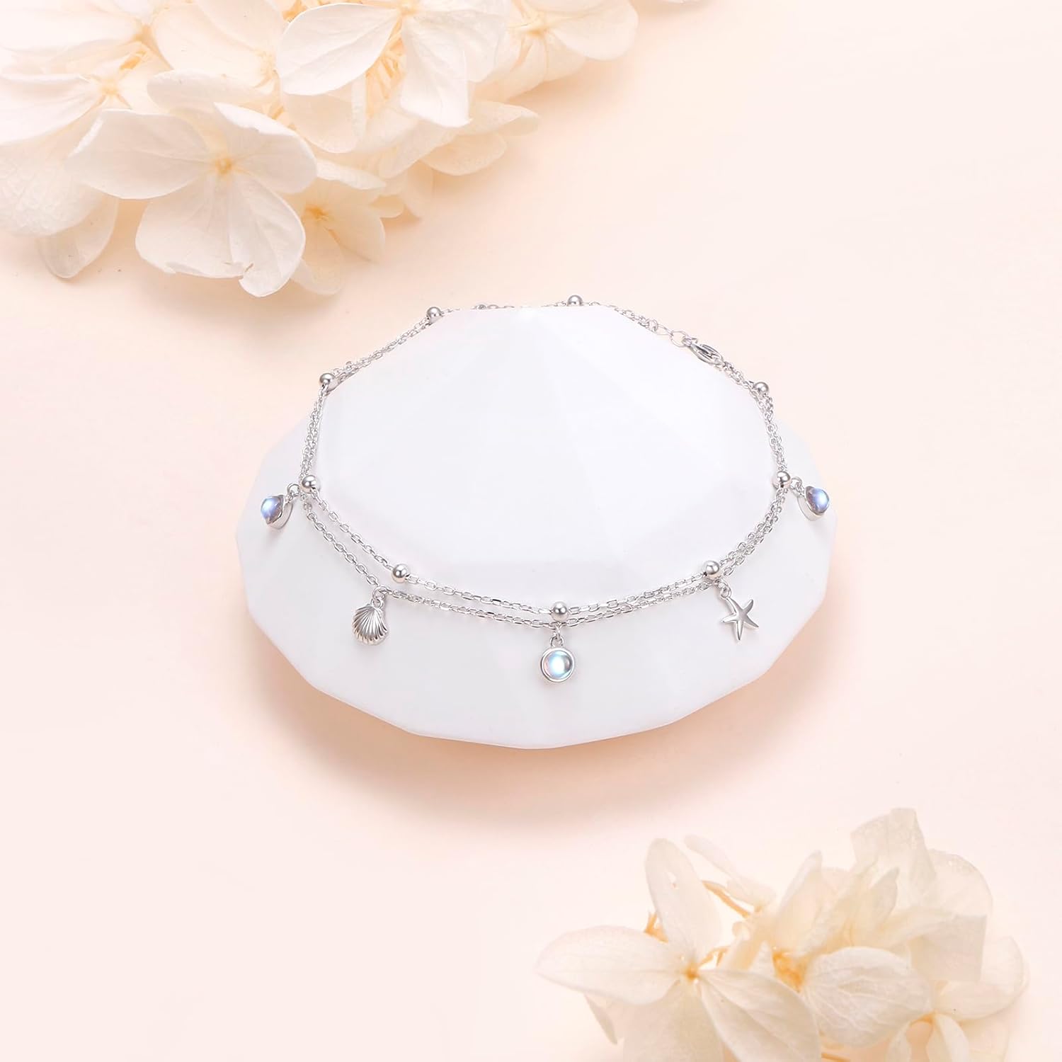 Ladytree 925 Sterling Silver Beach Anklet for Women Starfish Shell Moonstone Beads Charm Double Layer Anklets Bracelet Adjustable 9 to 10 inches - Image 2