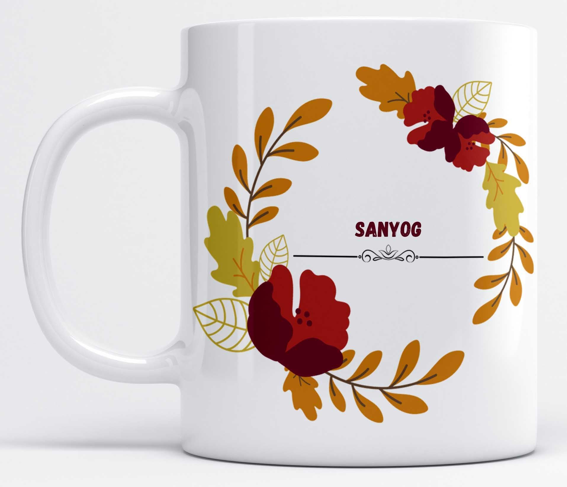 LOROFY Name SANYOG Printed Maroon Floral Design White Ceramic Coffee Mug (350ML)