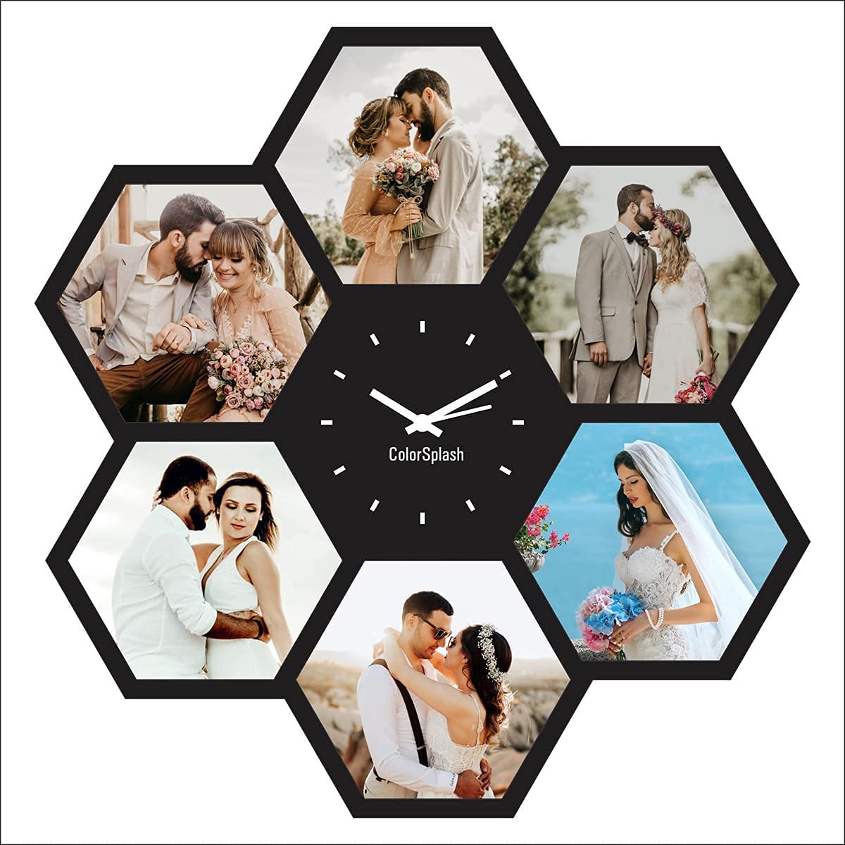 ColorSplash Customized/Personalized Hexagon Shape Wooden Wall Clock with 6 Photos for Birthday for Your Love (12 Inch x 12 Inch, Black)