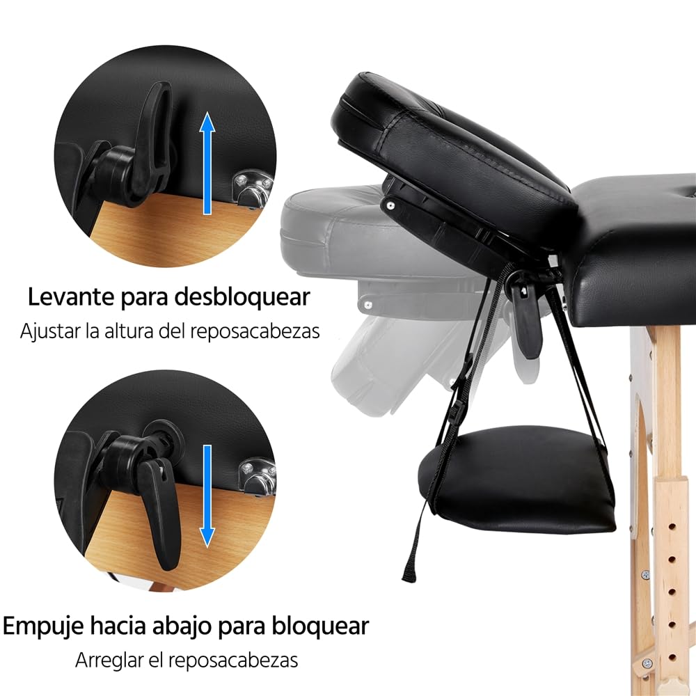 Yaheetech Camilla Masaje Plegable 3 Zonas Profesional Portátil Carga 250kg 213×82cm Altura Ajustable de Madera Haya para Belleza Tatuaje SPA con Bolsa de Transporte