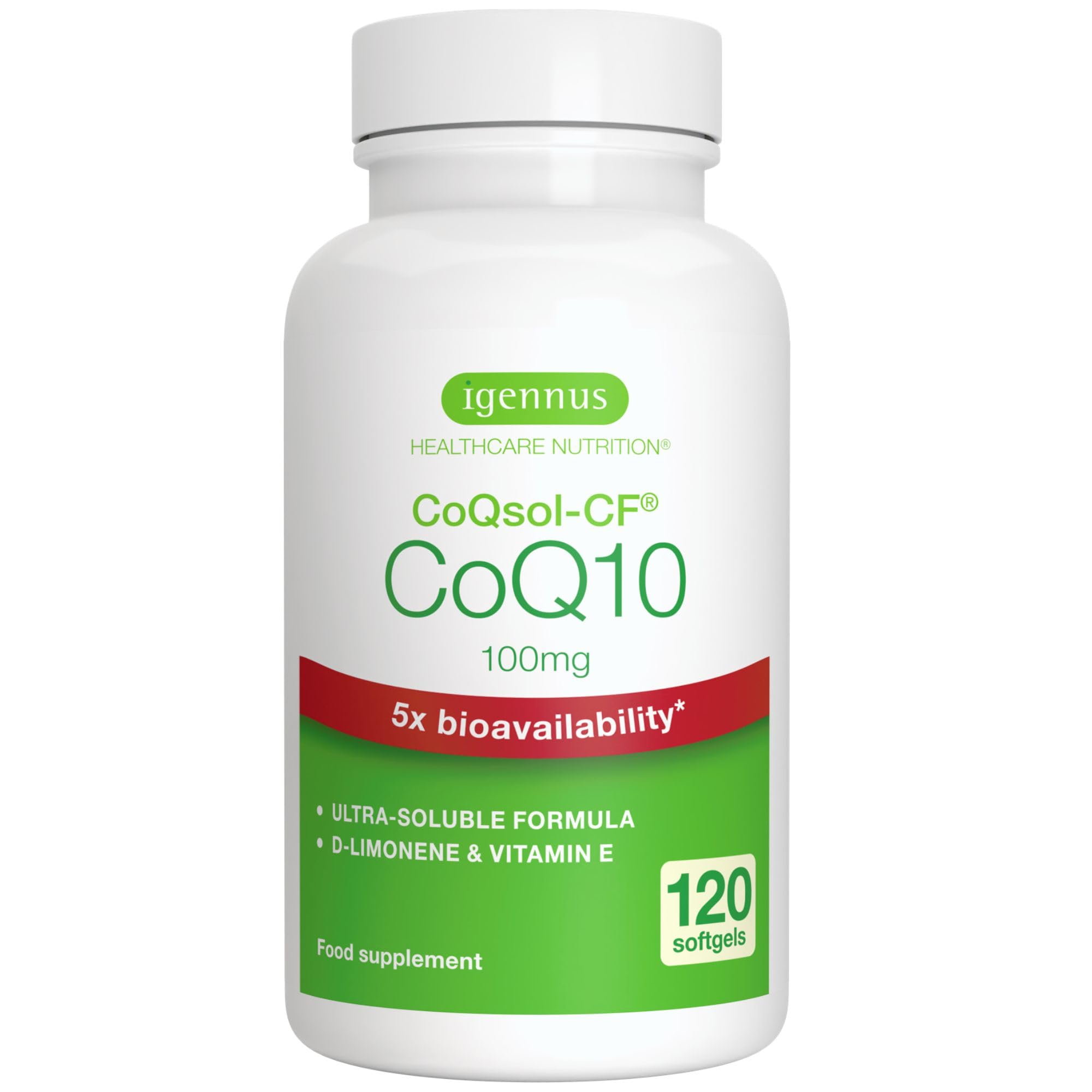 Igennus Advanced CoQ10 100mg, 4-Month Supply, 5X Bioavailability CoQsol-CF Boosted with D-Limonene, 120 Servings, Heart & Energy, Ubiquinone Coenzyme Q10 & Vitamin E Antioxidant, Clean Label