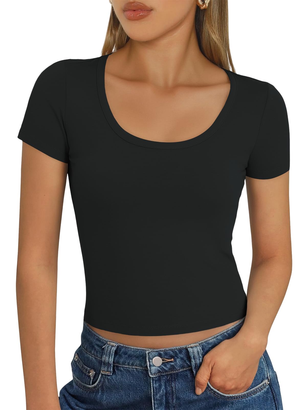 Cuptacc Tshirt Damen Kurzarm U Ausschnitt Oberteile Slim Fit Basic Shirt Damen Elegant T-Shirt Sommer Stretch Crop Top