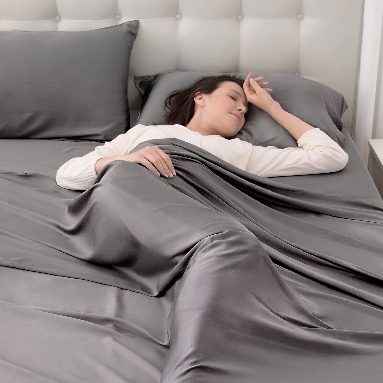 SYOSI 4 Pack Cooling Bed Sheets Set for Night Sweats, 100% Rayon from Bamboo Sheets, Queen Size Luxury Silky Feel Hotel Bedding Queen Size, Dark Grey