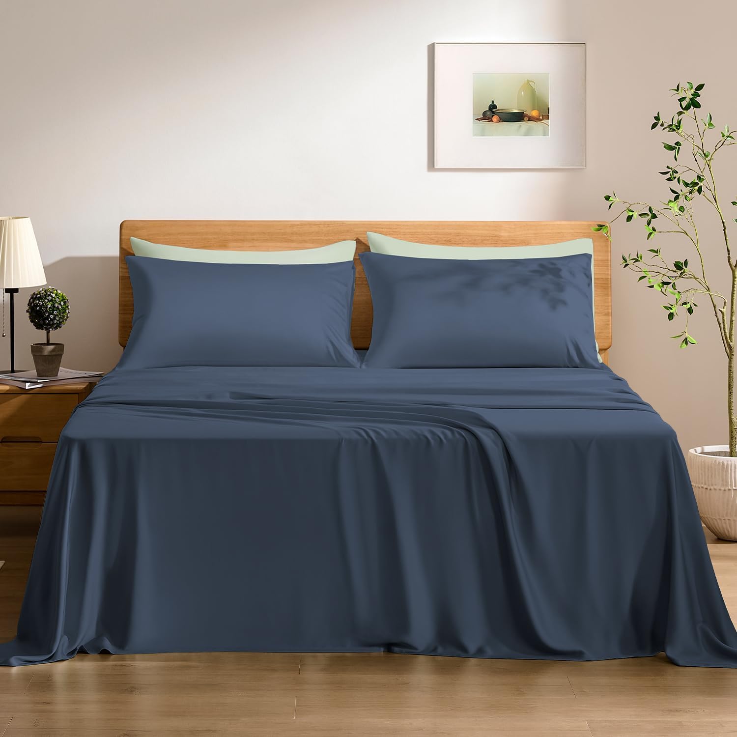 TOSMO Juego de sábanas de lujo, 100 % viscosa de bambú, juego de ropa de cama de 4 piezas (tamaño King), bolsillos extra profundos de 45,7 cm, certificado Oeko-Tex, suave, refrescante y transpirable,