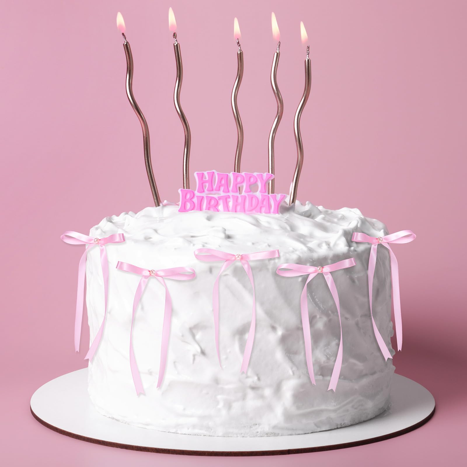 Riceshoot 6 Pcs 4.3x3.2in Bow Cake Topper Ribbon and pearl Cupcake Topper for Coquette Themed Party, Bridal Party Decoration, Birthday Candle