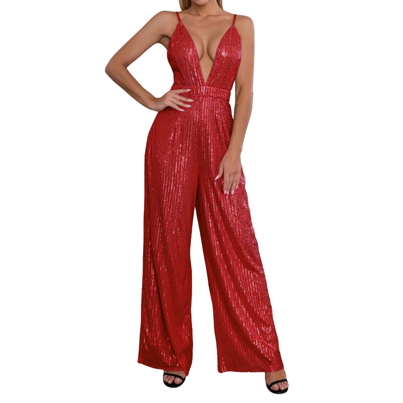 Jumpsuit Damen Elegant Festlich Glitzer, Overall Damen Hochzeit: Ärmelloser Einteiler V-Ausschnitt Hosenanzug Sexy Playsuit Hohe Taille Cocktail Party Outfit Lange Romper Freizeithose Sommeroveralls