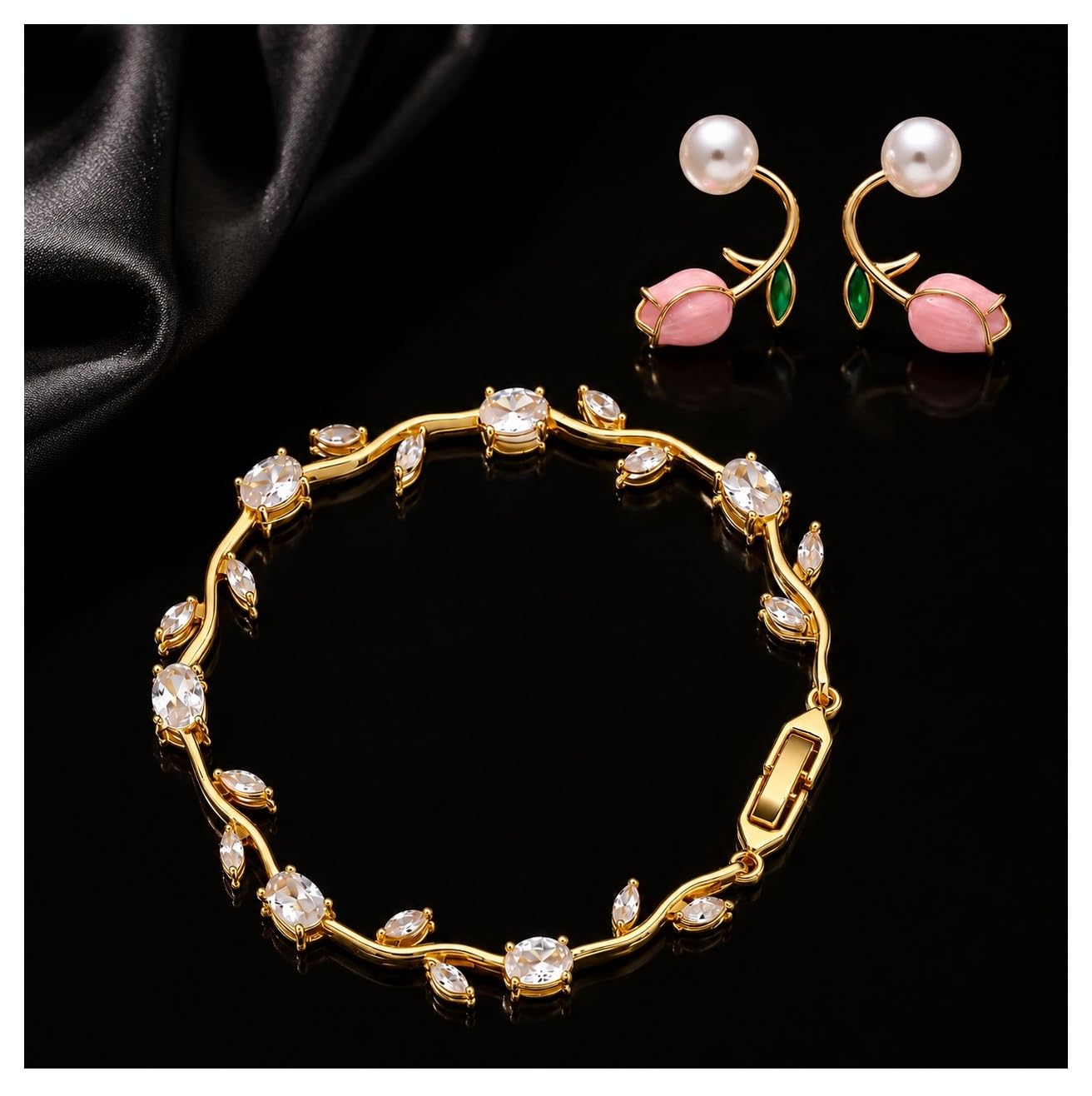 Combo Of Anti Tarnish White Crystal Stones Fairy Bloom Floral Tulip Bracelet With Earrings For Women & Girls | Elegant Golden Bracelet & Tulip Earring Lightweight Jewelry For Daily Wear & Gifts-image-34