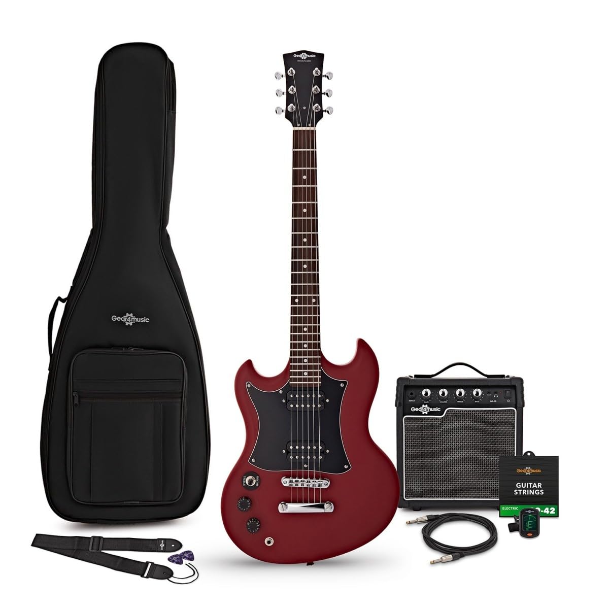 Chitarra Elettrica Brooklyn per Mancini + Ampli 15W, Rossa | Ampli Portatile con EQ 2 Bande e Uscita Cuffie, Manico Comodo e Corpo Leggero, Set Completo di Accessori Incluso