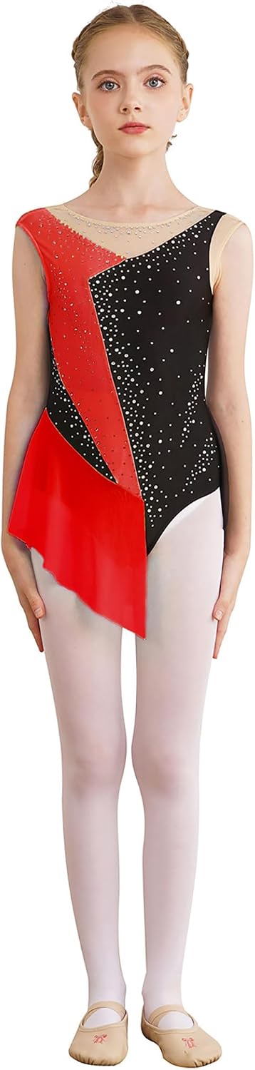 Kids Girls Color Block Figure Ice Skating Dance Dress Sleeveless Sparkly Rhinestone Gymnastics Leotard