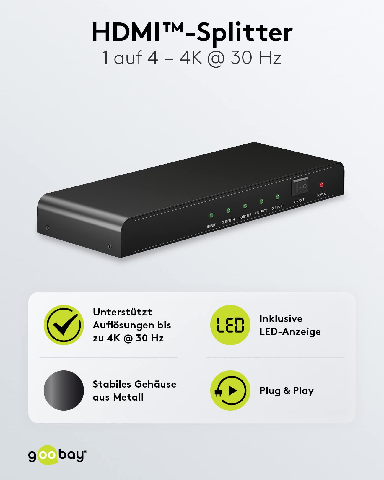goobay 58482 - Splitter HDMI 1 in 4 Out/4K a 30Hz (2160p), HDMI 1.4 Switch per quattro monitor con 60Hz a 1080p, nero