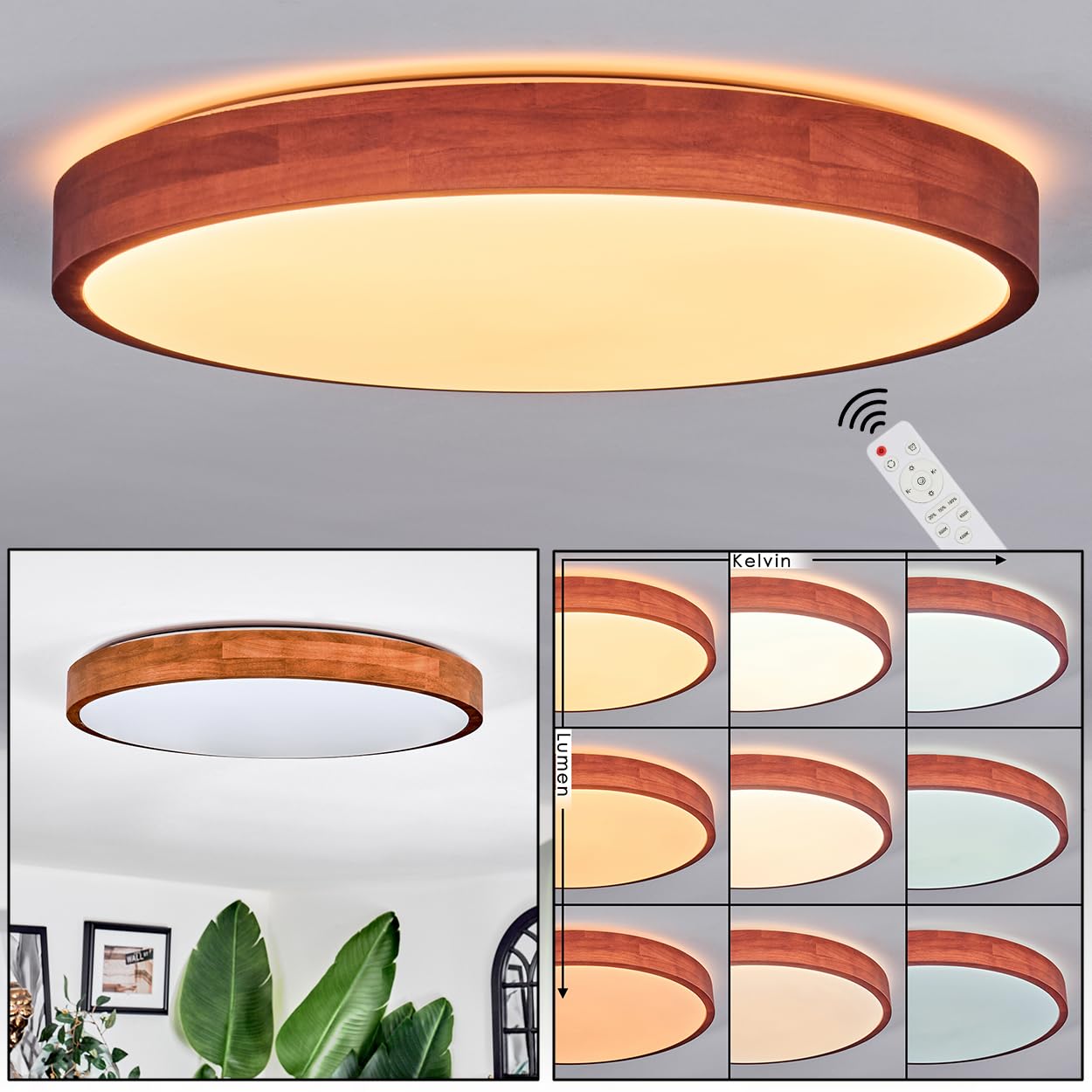 Plafoniera a LED HOFSTEIN Sofo, lampada da soffitto in metallo/legno/plastica naturale/marrone/bianco, moderna (Ø 50 cm), CCT regolabile, con telecomando, sala pranzo, soggiorno, cucina, camera letto