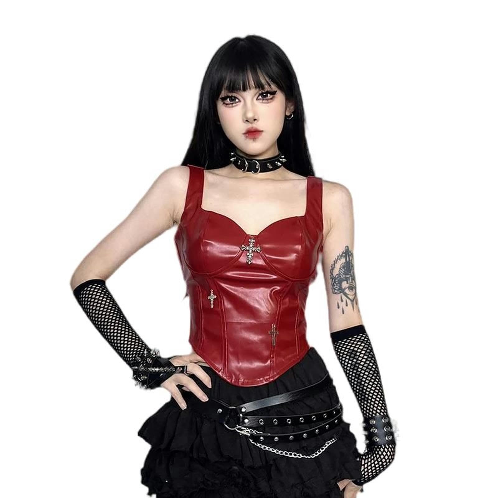 Corsetto con Cerniera Bianca per Donna, Scollo Quadrato, Bustier in Raso, Canotta Elegante, Festa Estiva-Rosso-M