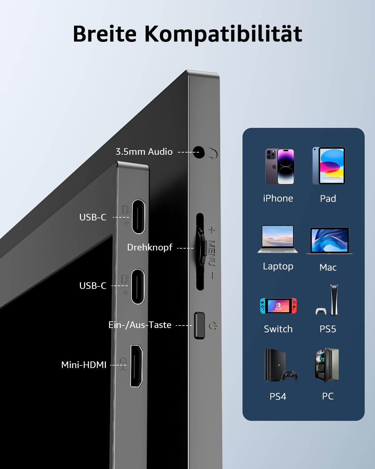 Yodoit Portable Monitor, 15,6 Zoll, 1920 × 1080, Tragbarer FHD Bildschirm, IPS Display mit Ständer, USB-Typ-C-Anschluss und integrierten Lautsprechern, kompatibel mit PC, Laptop