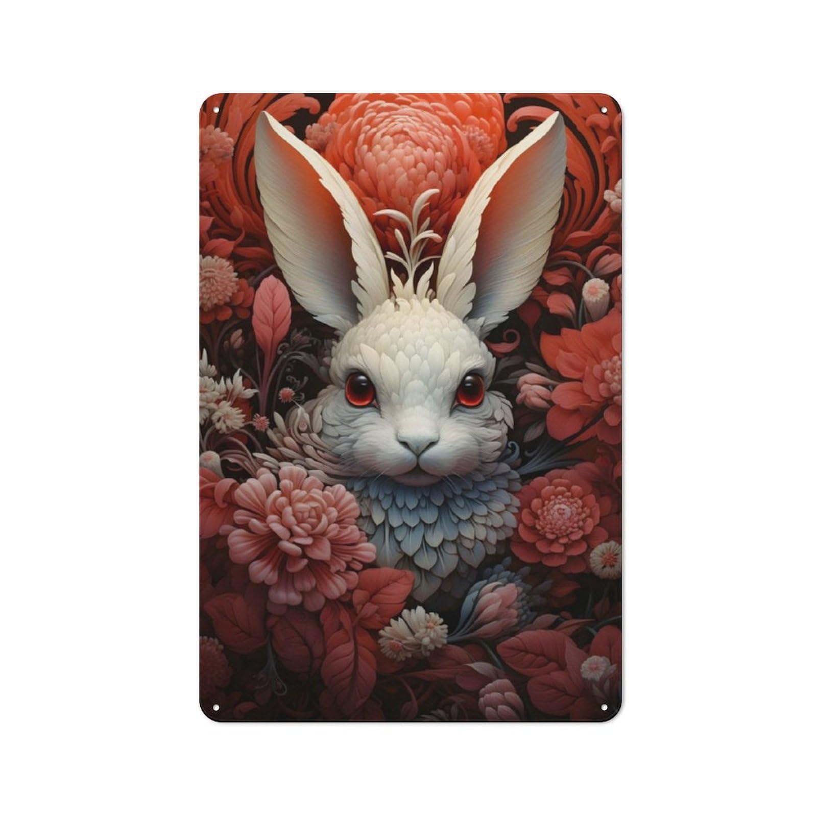 Junmoney Rabbit Red Flowers Understated Metal Wall Decor 30X20cm, Decorative Metal Sign For Workspace, Cafe, Shop Or Desk Area