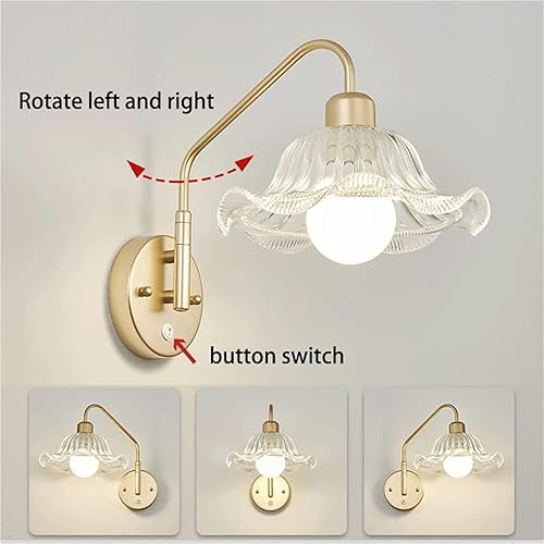 Miniatura 6 de Lámpara de pared Retro para mesilla de noche con aplique metálico y pantalla de Cristal, brazo articulado Ajustable, casquillo E27, aplique de