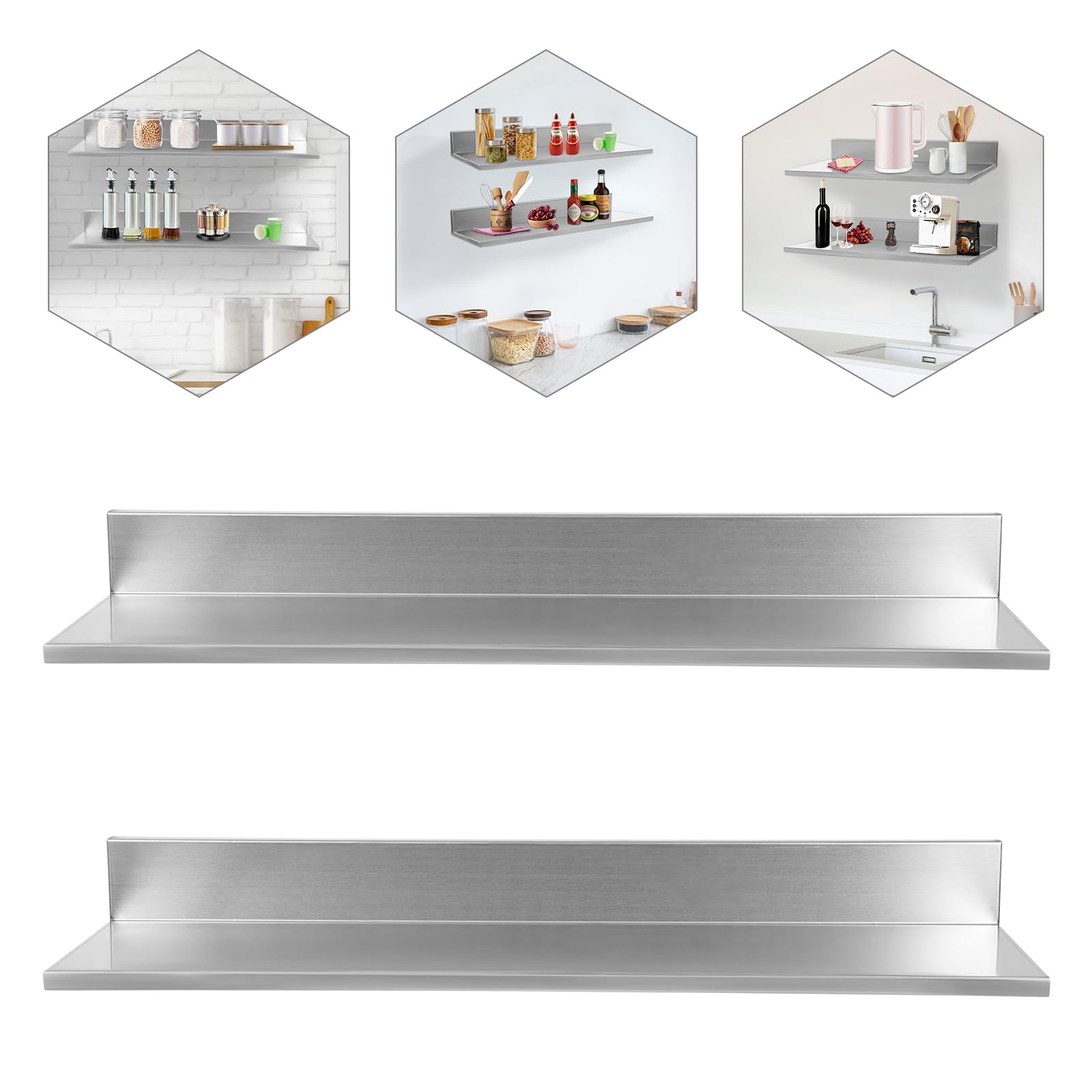 Madelynn Estantería de pared de acero inoxidable, 2 unidades, estantería de pared para cocina, en forma de L, para colgar en la cocina, con 2 placas de presión, ahorra espacio, para salón, cocina