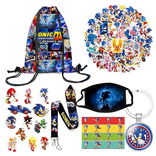 byduoo Sonic The Hedgehog Gift Set Including 1 Sonic Drawstring Bag 1 Sonic Mask 4 Sonic Bracelet 50Pcs Sonic Stickers 1 Sonic Lanyard 1 Sonic Keychain 1 Sonic Tattoo Sticker
