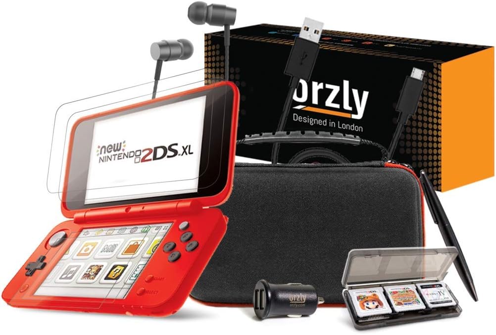 Orzly 2DSXL Accessories, Ultimate Starter Pack for New Nintendo 2DS XL (Bundle includes: Car Charger/USB Charging Cable/RED Stripe Edition Console Case & more