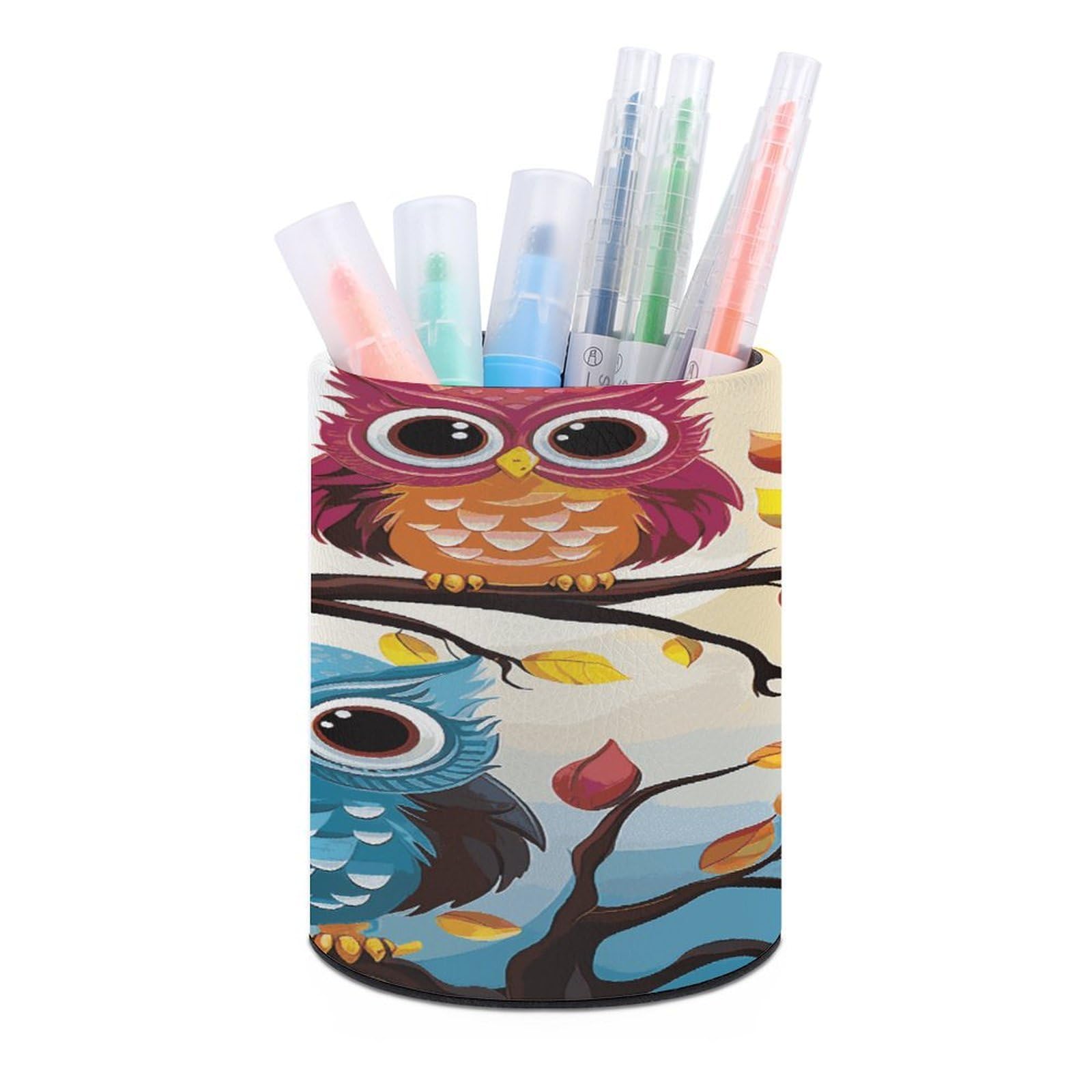 JTREHY Owls on Tree Branches Pen Holder Round Pen Pencil Holder Makeup Brush Holders Cup PU Leather Pencil Cups Desktop Caddy Stationery Organizer Case Office Accessories Container Box