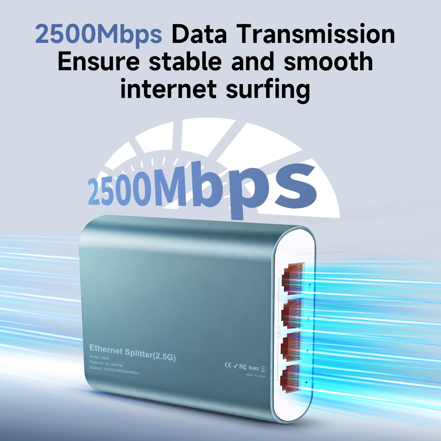 Ethernet-Switch mit 5 Ports, 2,5 GB, mit POE-Eingang, 1 zu 4 Netzwerk-Splitter, 2500 Mbit/s mit Typ-C-Netzkabel, RJ45-Internet-Adapter, Hochgeschwindigkeitskabel, für Cat 5/5e/6/7/8-Kabel