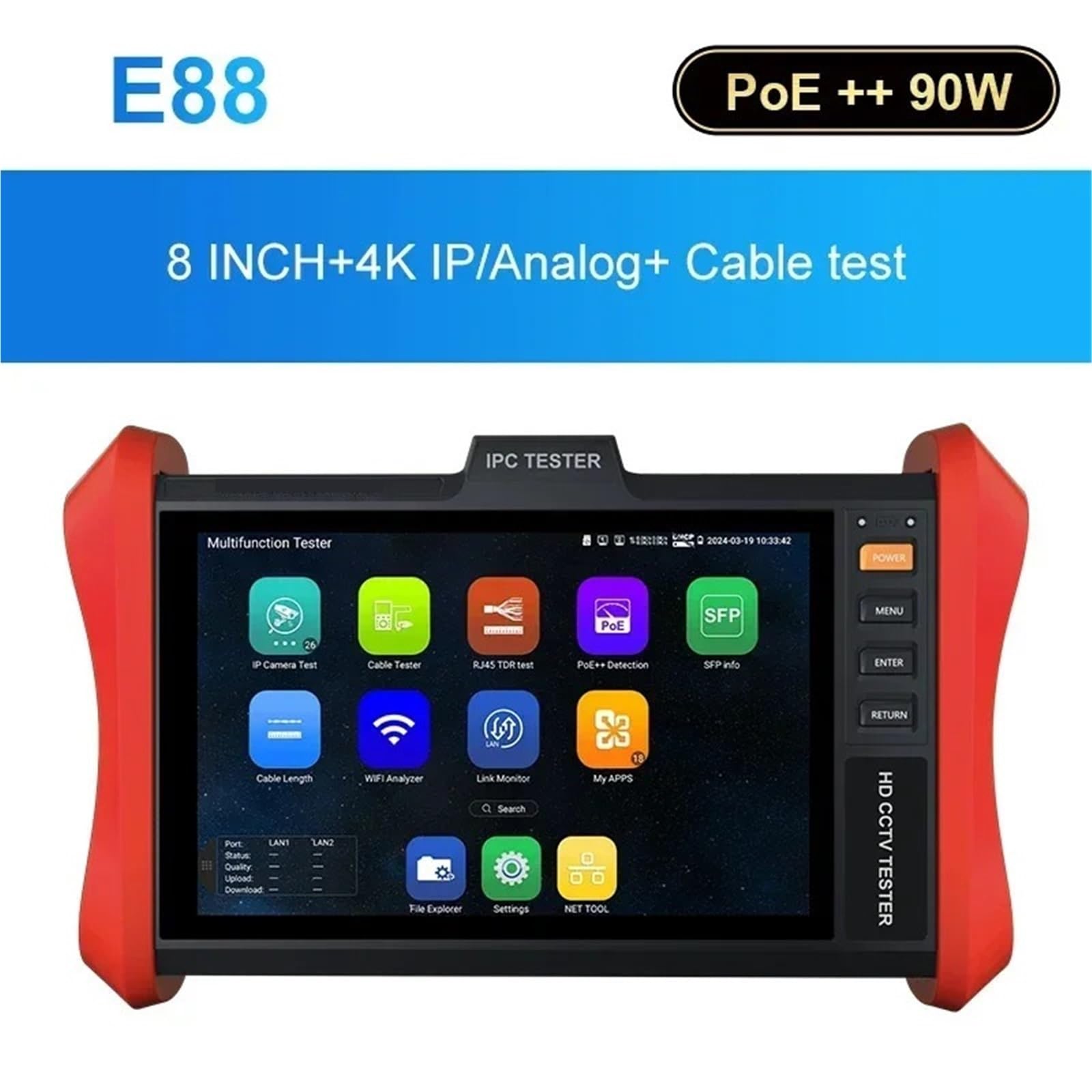 Tester kabli światłowodowych, Tester Monitor 8" 4K H.265 IP 8MP AHD/TVI/CVI Narzędzie do testowania kamer i kabli wejściowych VGA(E88)