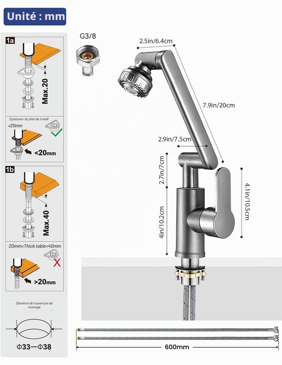 Robinet Cuisine Rabattable, 1080° Flexible Rotation Mitigeur Cuisine,Robinet Evier Sous Fenêtre en Acier Inoxydable, 2 Modes de Pulvérisation