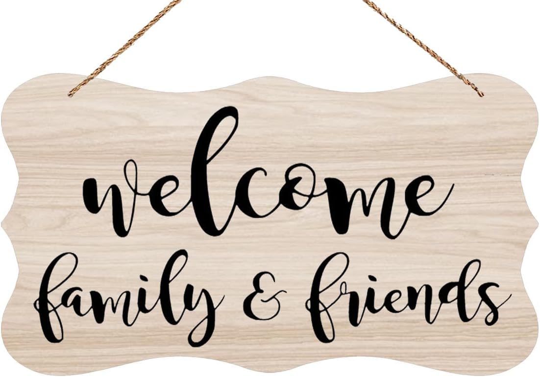 Wooden Decor Signs Welcome Family And Friends Welcome Greeting Wooden Sign Rustic Home Decor Sign Printed Wooden Plaque Decor Rustic Farmhouse Kitchen Wall Decor Sign 6x12 Inch